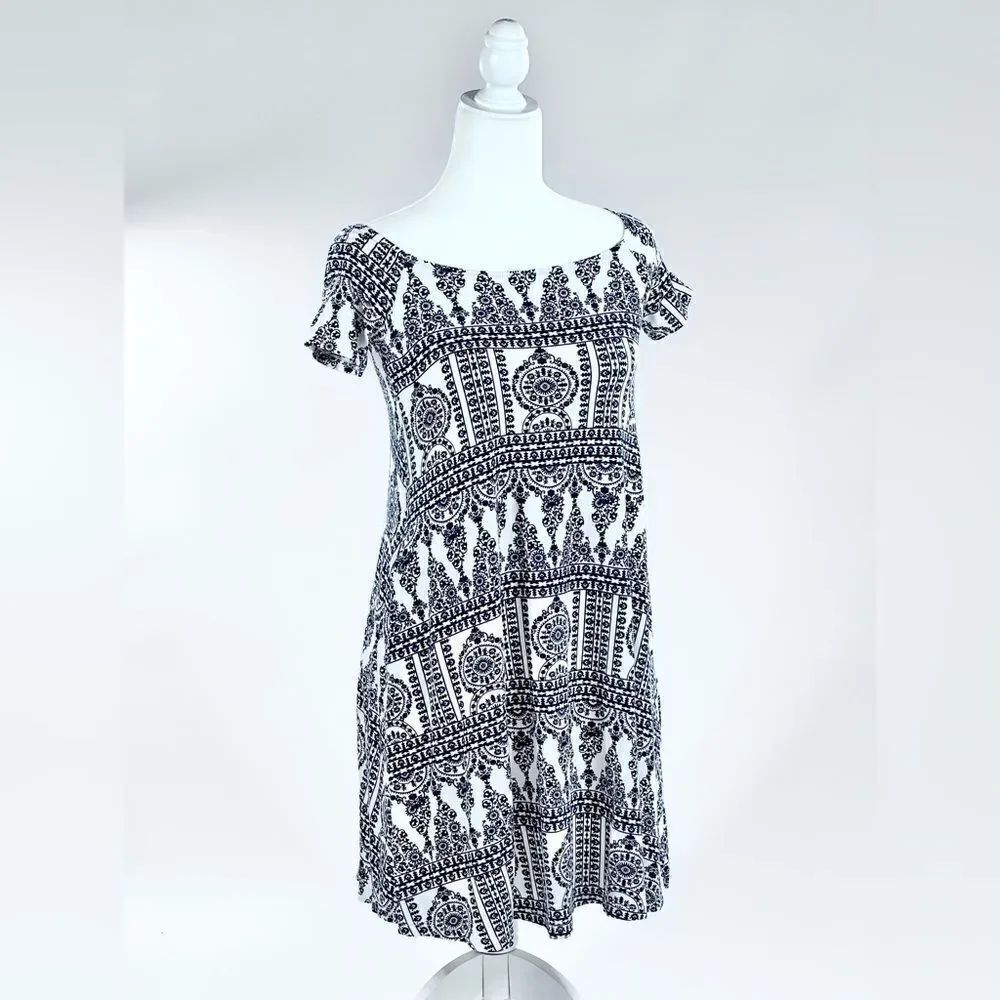 Ava Sky stretch cotton white and navy print dress XS